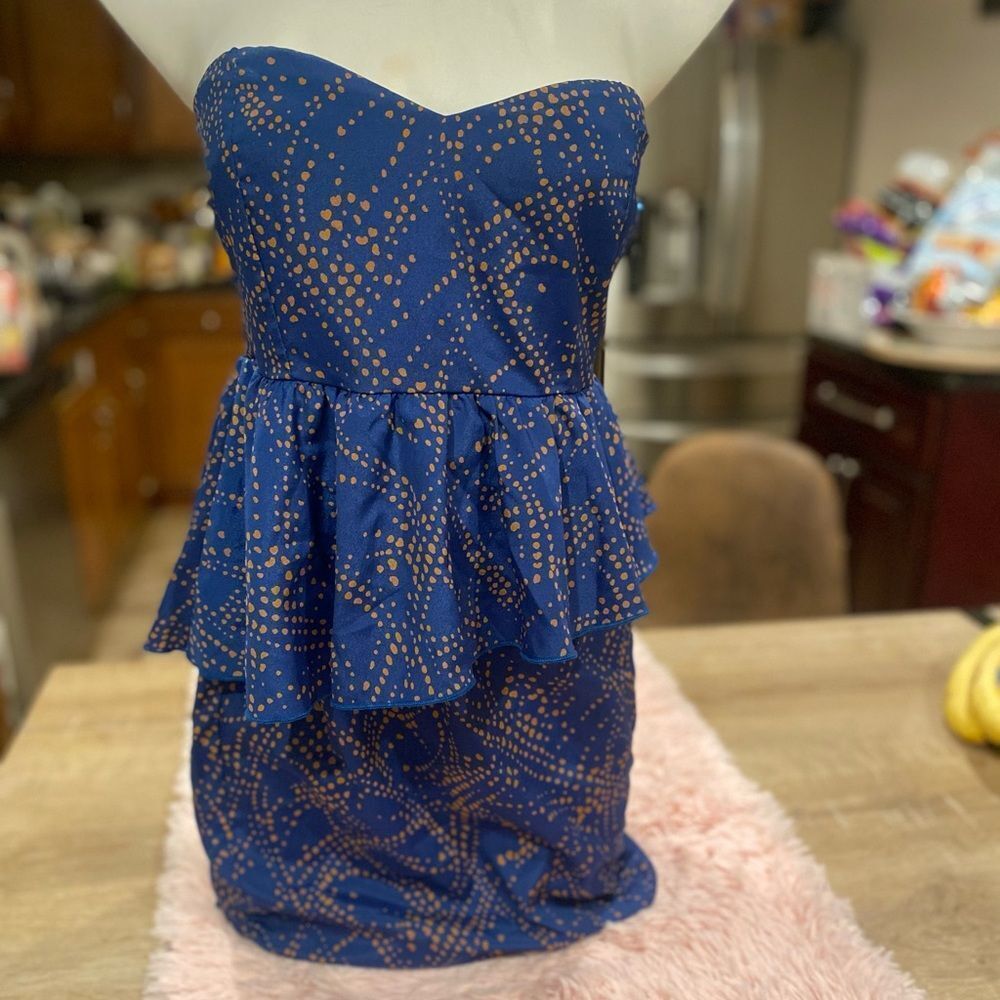 Every Strapless Peplum Mini Dress Womens Size Small Blue Tan Polka Dot Smocked B